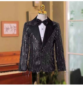 Boys black striped sequins jazz dance blazer host singers choir pianist model show performance dress suit flower boys wedding party coats